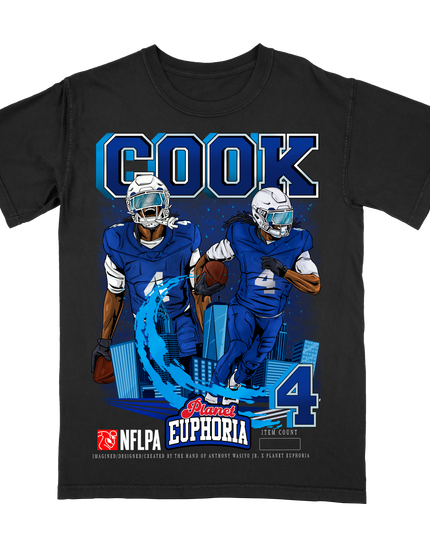 James Cook Buffalo NFL Player graphic tee by Planet Euphoria in black, front view.