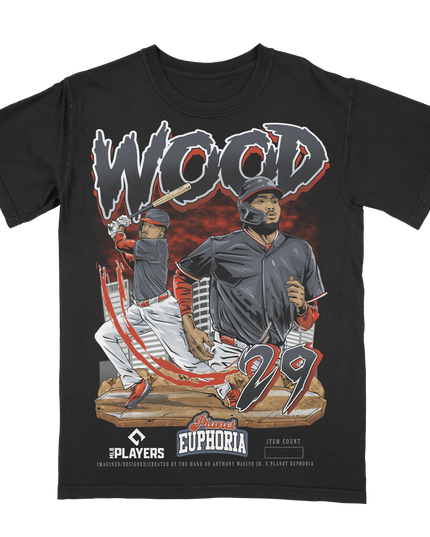 James Wood Washington Nationals baseball graphic t-shirt from Planet Euphoria, black shirt, front view