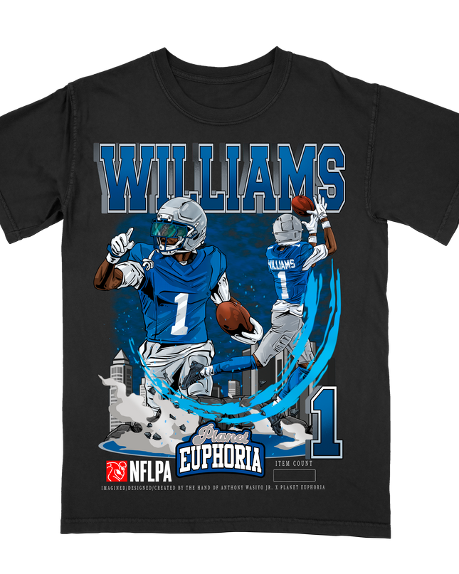 Jameson Williams Detroit Lions football player graphic tee by Planet Euphoria in black, front view.