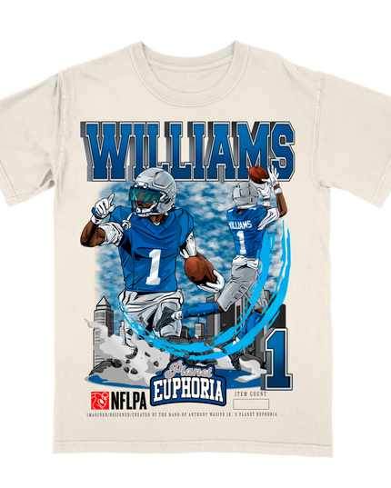 Jameson Williams Detroit Lions football player graphic tee by Planet Euphoria in off-white, front view.