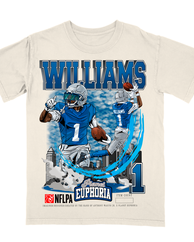 Jameson Williams Detroit Lions football player graphic tee by Planet Euphoria in off-white, front view.