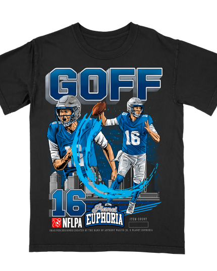 Jared Goff Detroit Lions football player graphic tee V2 by Planet Euphoria in black, front view.