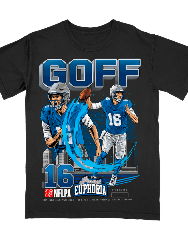 Jared Goff Detroit Lions football player graphic tee V2 by Planet Euphoria in black, front view.