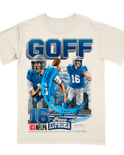 Jared Goff Detroit Lions football player graphic tee V2 by Planet Euphoria in off-white, front view.