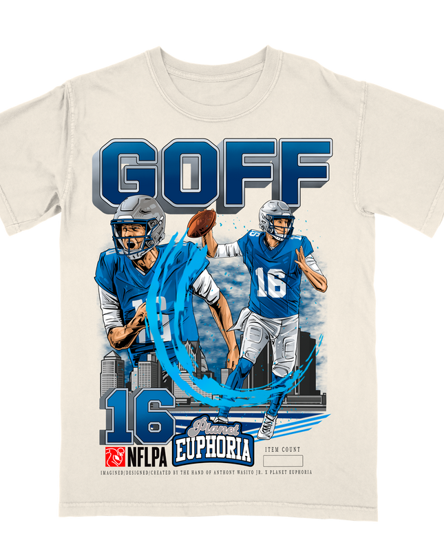 Jared Goff Detroit Lions football player graphic tee V2 by Planet Euphoria in off-white, front view.