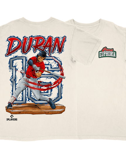 Jarren Duran Boston MLBPA graphic tee by Planet Euphoria in off-white, front and back view.