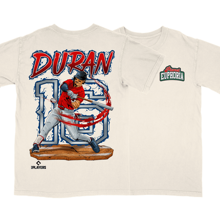 Jarren Duran Boston MLBPA graphic tee by Planet Euphoria in off-white, front and back view.