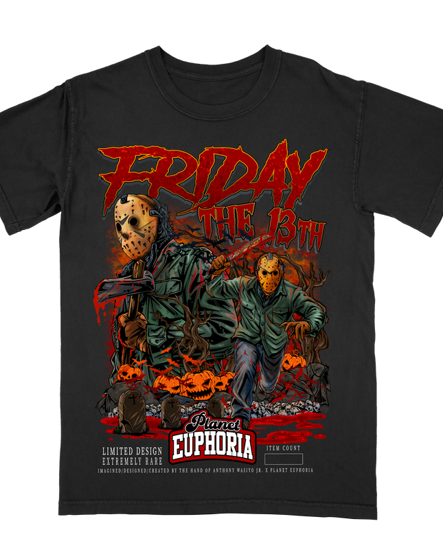 Jason Voorhes Friday the 13th graphic tee by Planet Euphoria in black, front view.