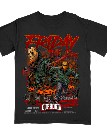Jason Voorhes Friday the 13th graphic tee by Planet Euphoria in black, front view.