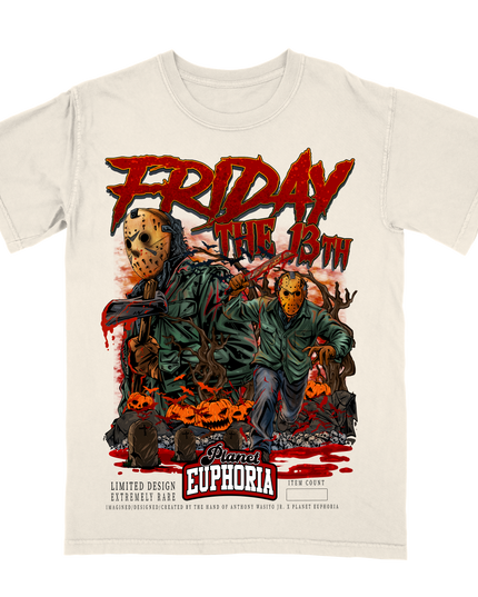 Jason Voorhes Friday the 13th graphic tee by Planet Euphoria in off-white, front view.