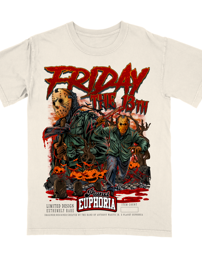 Jason Voorhes Friday the 13th graphic tee by Planet Euphoria in off-white, front view.