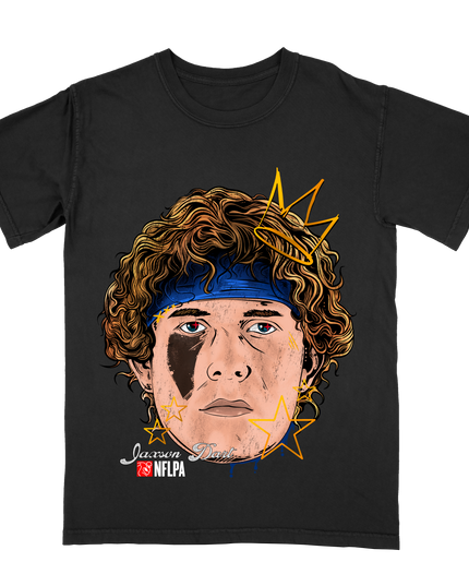 Jaxson Dart New York NFLPA Fat Head t-shirt by Planet Euphoria in black, front view.