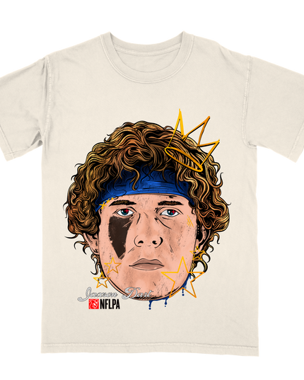 Jaxson Dart King Fat Head NFLPA graphic tee by Planet Euphoria in off-white, front view.