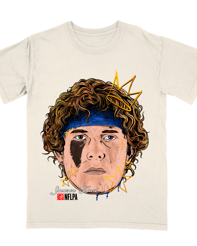 Jaxson Dart King Fat Head NFLPA graphic tee by Planet Euphoria in off-white, front view.