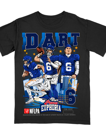 Jaxson Dart NY NFL player graphic t-shirt,  by Planet Euphoria in black, front view.