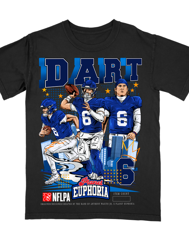 Jaxson Dart NY NFL player graphic t-shirt,  by Planet Euphoria in black, front view.