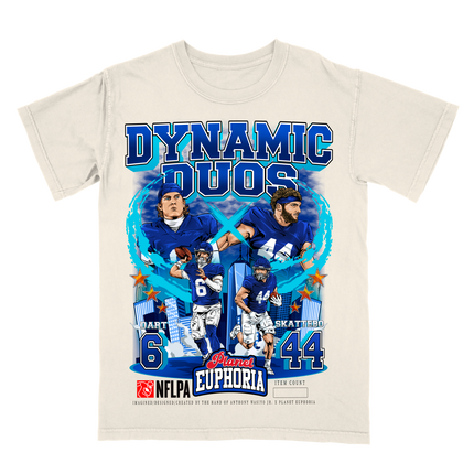 Jaxson Dart Cam Skattebo Dynamic Duos New York football graphic tee by Planet Euphoria in off-white, front view.