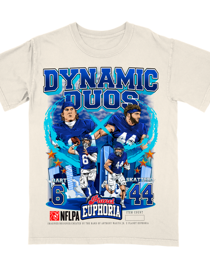 Jaxson Dart Cam Skattebo Dynamic Duos New York football graphic tee by Planet Euphoria in off-white, front view.