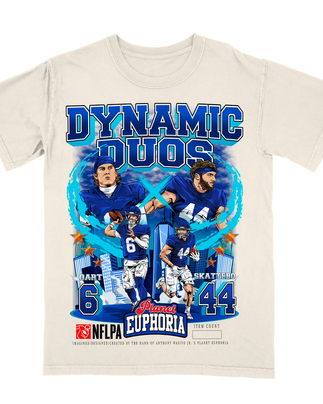 Jaxson Dart Cam Skattebo Dynamic Duos New York football graphic tee by Planet Euphoria in off-white, front view.