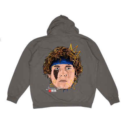 Jaxson Dart New York NFLAP Fat Head graphic hoodie by Planet Euphoria in grey, back view.
