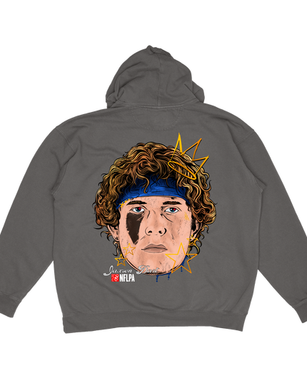Jaxson Dart New York NFLAP Fat Head graphic hoodie by Planet Euphoria in grey, back view.