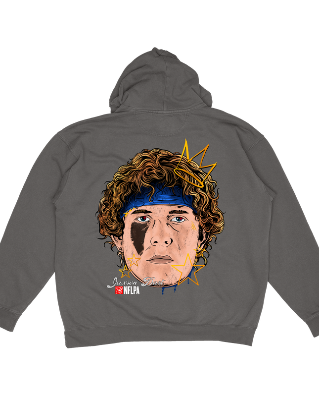 Jaxson Dart New York NFLAP Fat Head graphic hoodie by Planet Euphoria in grey, back view.