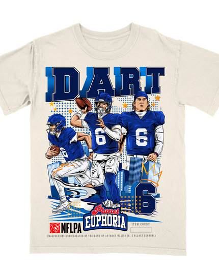 Jaxson Dart NY NFL player graphic t-shirt,  by Planet Euphoria in off-white, front view.