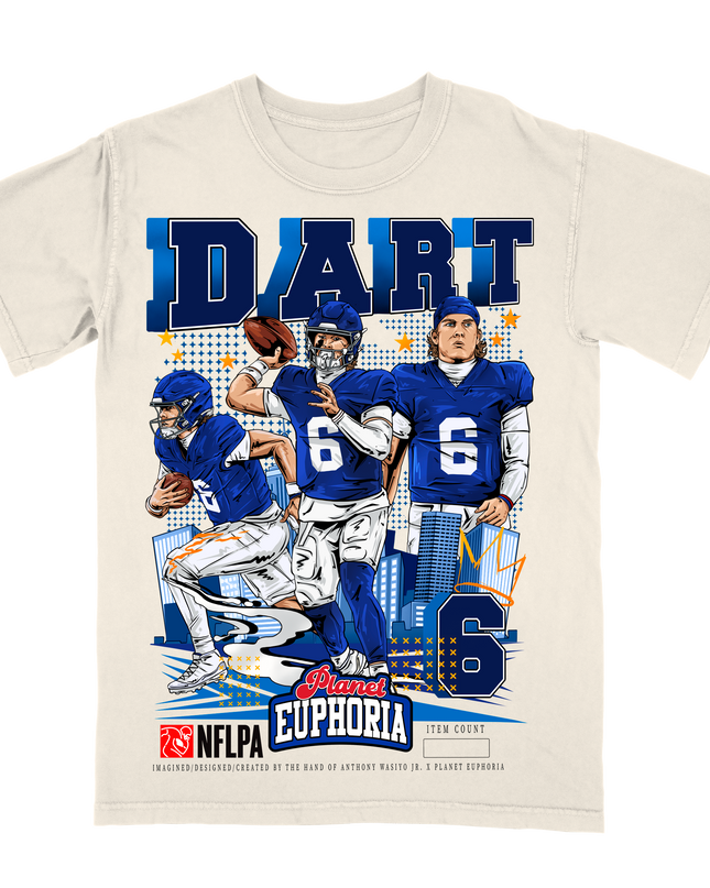 Jaxson Dart NY NFL player graphic t-shirt,  by Planet Euphoria in off-white, front view.
