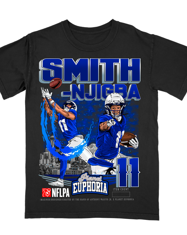 Jaxon Smith-Njigba Seattle NFL Player graphic tee  by Planet Euphoria in black, front view.