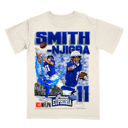 Jaxon Smith-Njigba Seattle NFL Player graphic tee  by Planet Euphoria in off-white, front view.