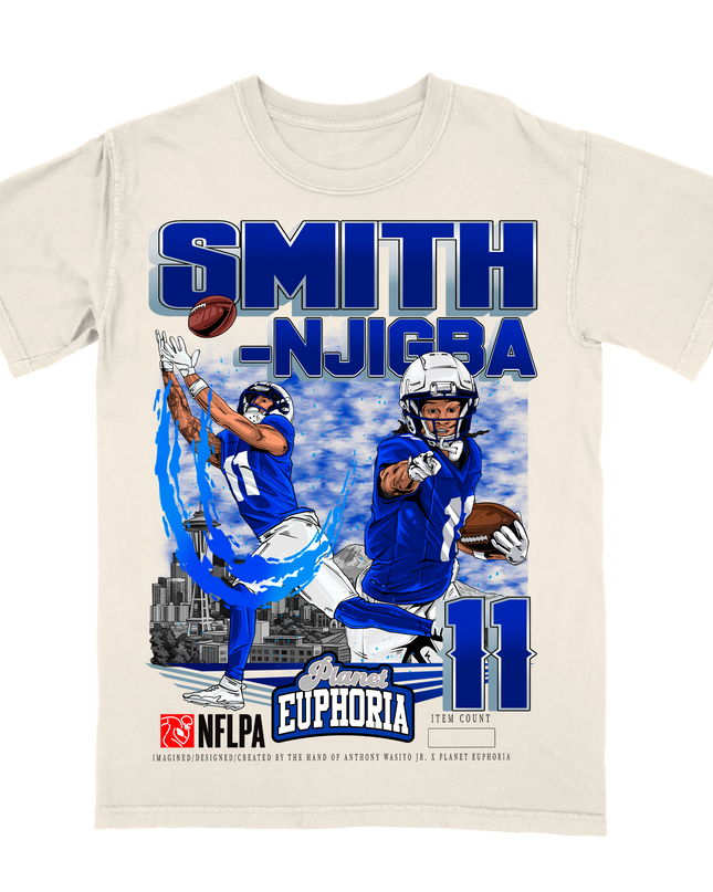 Jaxon Smith-Njigba Seattle NFL Player graphic tee  by Planet Euphoria in off-white, front view.