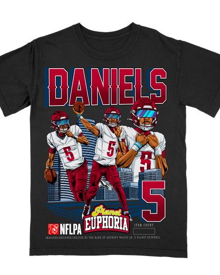 Jayden Daniels Washington QB1 graphic action player t-shirt by Planet Euphoria in black, front view.