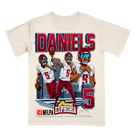 Jayden Daniels Washington QB1 NFL graphic action player t-shirt by Planet Euphoria in off-white, front view.