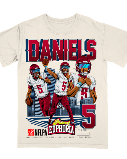 Jayden Daniels Washington QB1 NFL graphic action player t-shirt by Planet Euphoria in off-white, front view.