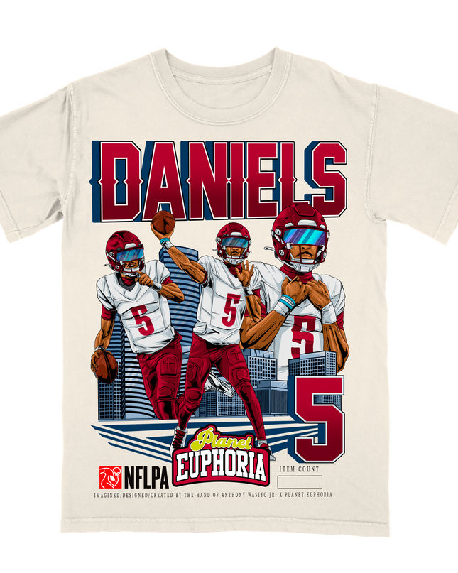 Jayden Daniels Washington QB1 NFL graphic action player t-shirt by Planet Euphoria in off-white, front view.