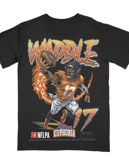 Jaylen Waddle Denver Broncos #17 NFLPA graphic t-shirt by Planet Euphoria in black, front view.