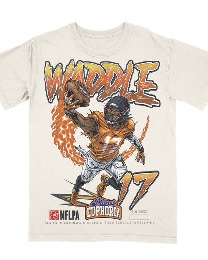 Jaylen Waddle Denver Broncos NFLPA graphic t-shirt by Planet Euphoria in off-white, front view.