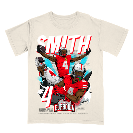 Jeremiah Smith Jr Buckeyes graphic tee by Planet Euphoria in off-white, front view.