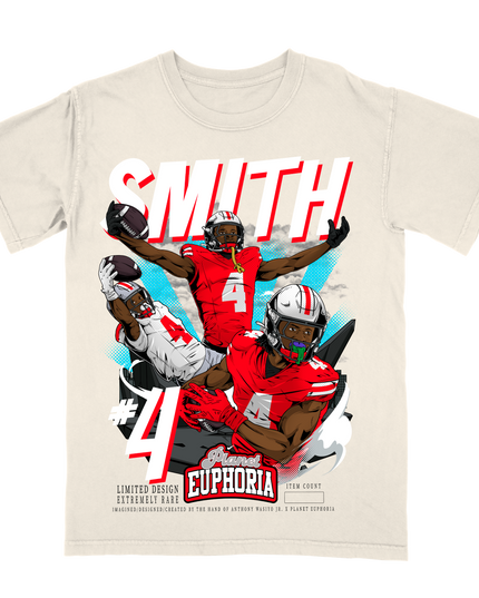 Jeremiah Smith Jr Buckeyes graphic tee by Planet Euphoria in off-white, front view.