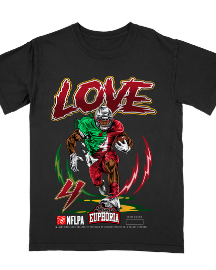 Jeremiyah Love Arizona Cardinals football graphic t-shirt from Planet Euphoria, black shirt, front view