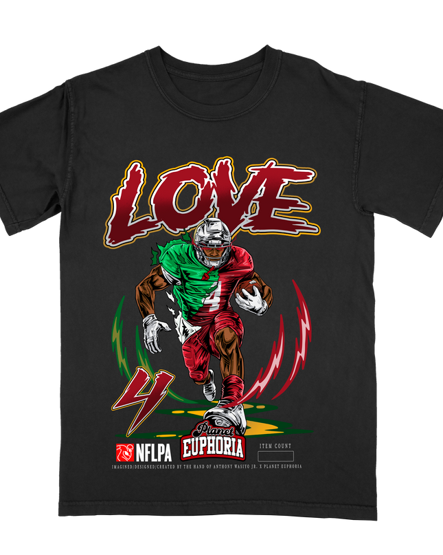 Jeremiyah Love Arizona Cardinals football graphic t-shirt from Planet Euphoria, black shirt, front view