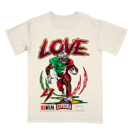 Jeremiyah Love Arizona Cardinals football graphic t-shirt from Planet Euphoria, off-white shirt, front view