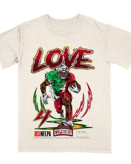 Jeremiyah Love Arizona Cardinals football graphic t-shirt from Planet Euphoria, off-white shirt, front view