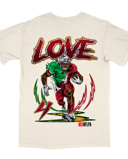 Jeremiyah Love NFL Player graphic tee by Planet Euphoria in off-white, back view.