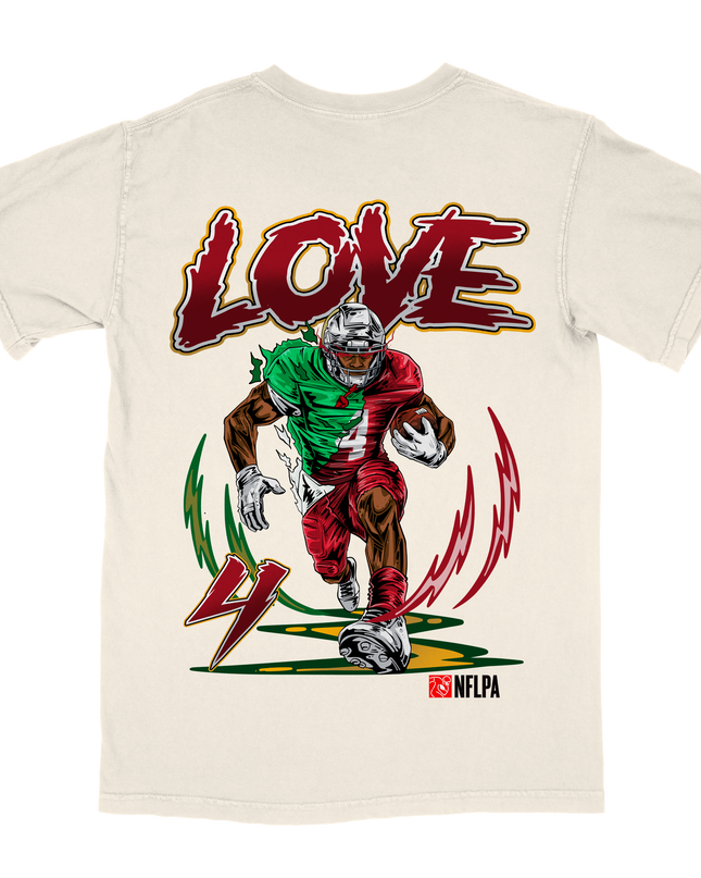 Jeremiyah Love NFL Player graphic tee by Planet Euphoria in off-white, back view.
