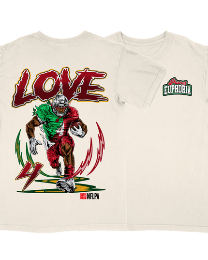 Jeremiyah Love NFL Player graphic tee by Planet Euphoria in off-white, front and back view.