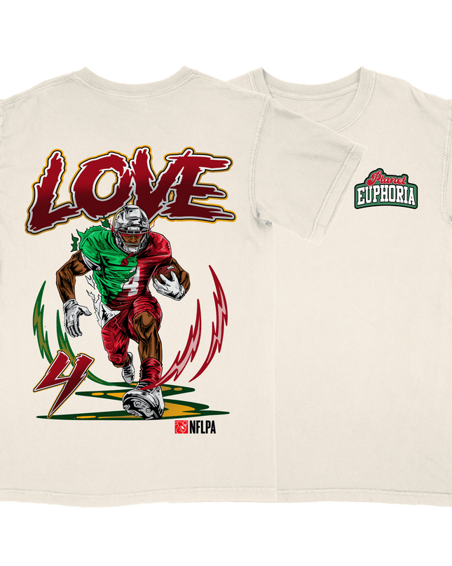 Jeremiyah Love NFL Player graphic tee by Planet Euphoria in off-white, front and back view.