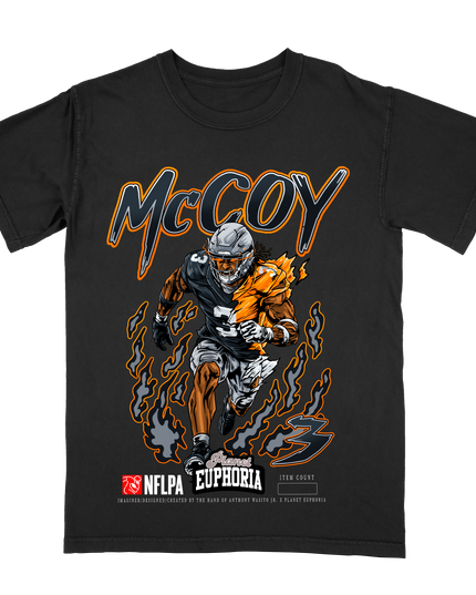 Jermod McCoy V2 Las Vegas Raiders football graphic t-shirt from Planet Euphoria, black shirt, front view