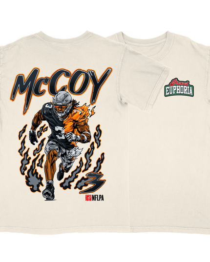 Jermod McCoy V2 Las Vegas Raiders football graphic t-shirt from Planet Euphoria, off-white shirt