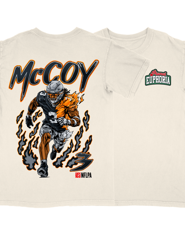 Jermod McCoy V2 Las Vegas Raiders football graphic t-shirt from Planet Euphoria, off-white shirt